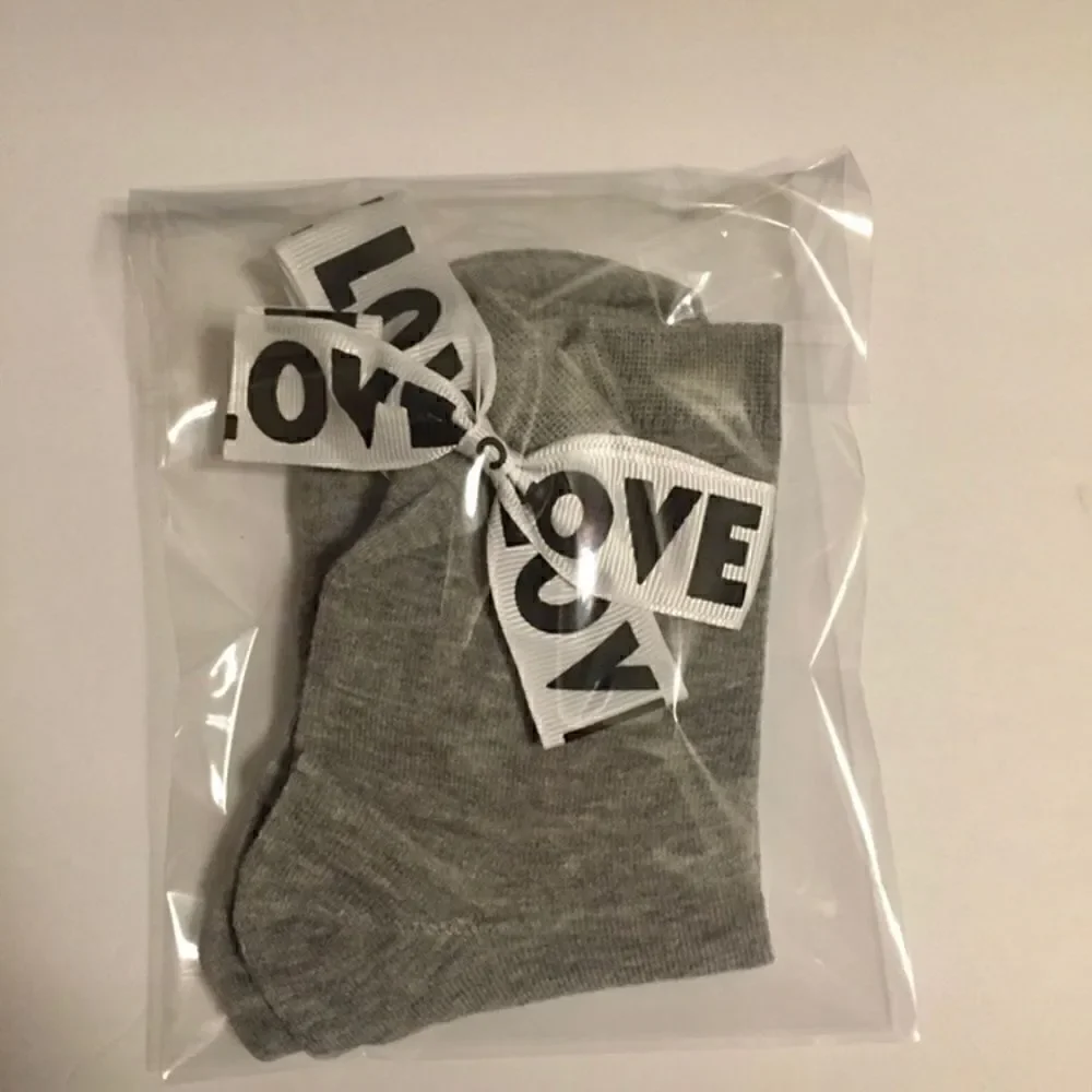 Women's Gray LOVE Bow Ankle Socks Coquette Ribbon Cotton Blend One Size